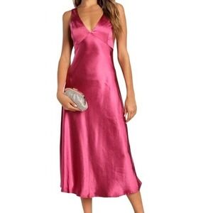 LULUS Magenta Fuchsia Pink Satin Cowl Back Midi Dress V-Neck Sleeveless‎ Size L